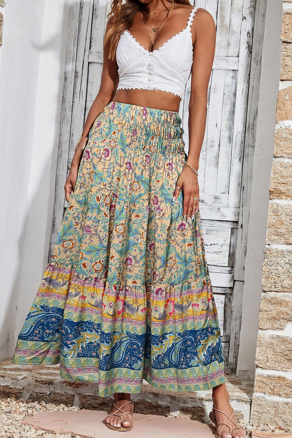 Floral & Paisley Print Shirred Waist Long Skirt