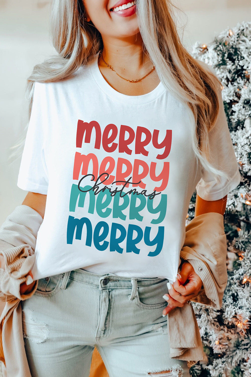 Merry Christmas Letter Print Crew Neck T Shirt