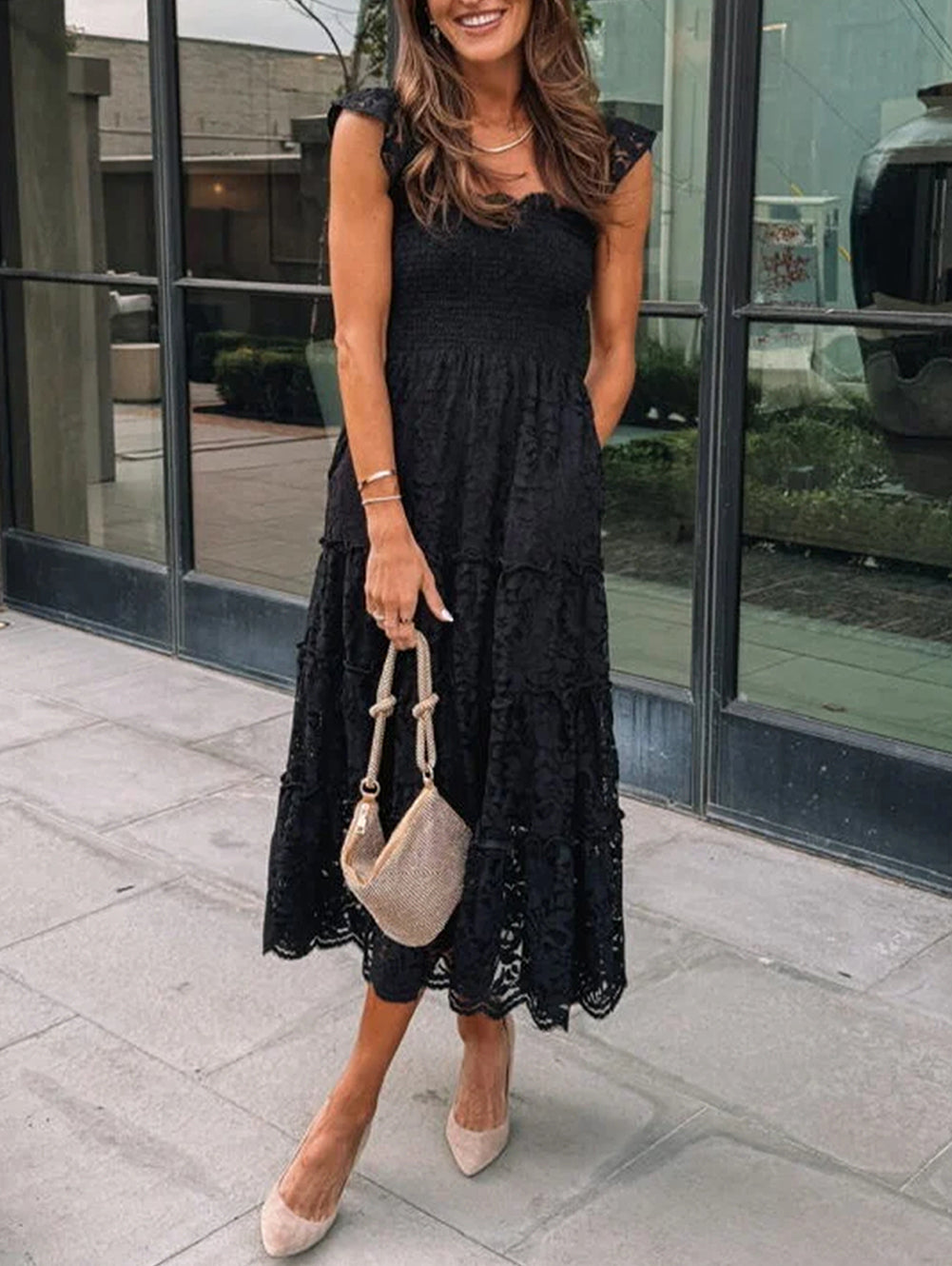 Lace Smocked Bodice Sleeveless Midi Dress