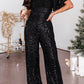 Sequin V Neck Flutter Sleeve Wide Leg Jumpsuit