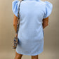 Textured Puff Sleeve Ruffled V Neck Shift Mini Dress