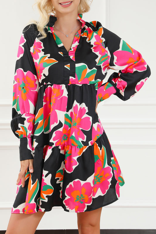 Frill Collar Split Neck Long Sleeve Floral Dress