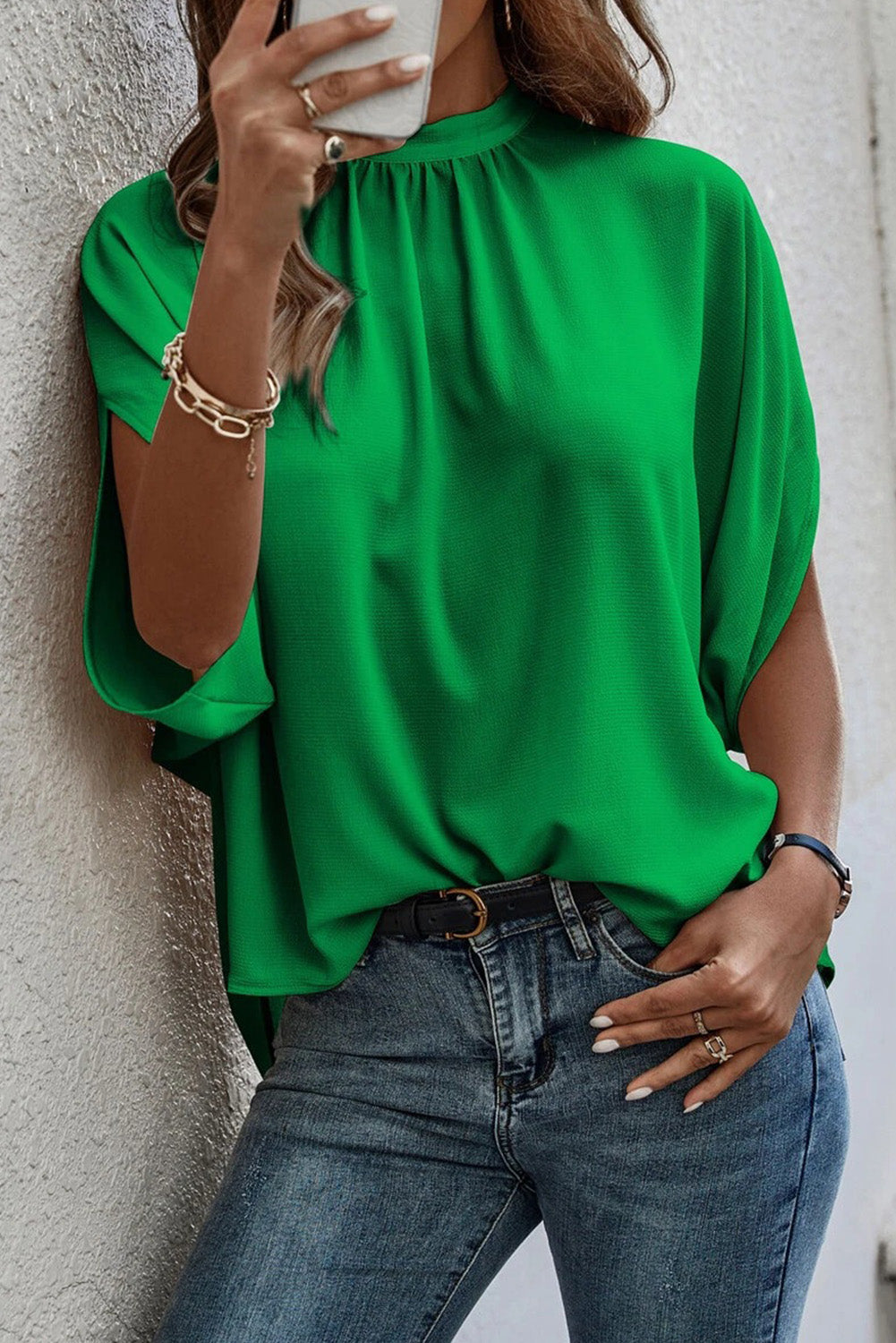 Solid Mock Neck Split Batwing Sleeve Blouse