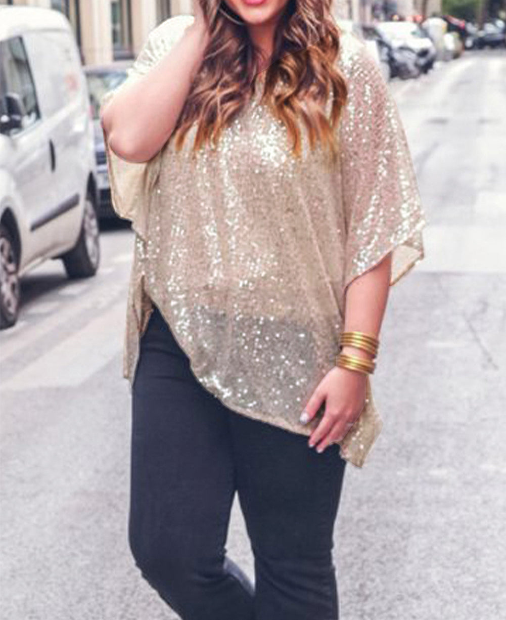 Plus Size Sequined V Neck Boxy Top