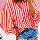 Stripe Balloon Sleeve Notched V Neck Buttoned Front Blouse