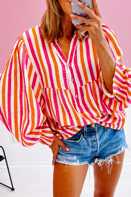 Stripe Balloon Sleeve Notched V Neck Buttoned Front Blouse