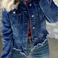 Ruffle Raw Hem Flap Pockets Denim Jacket