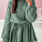 Button Neck Puff Sleeve Belted Pleated Mini Dress