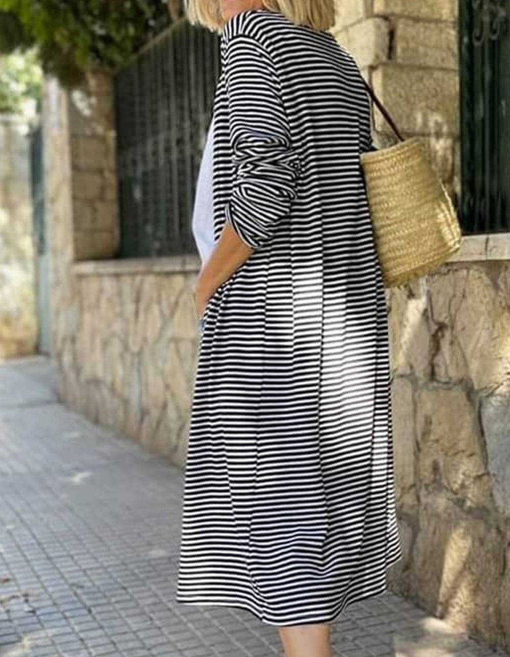 Stripe Open Front Long Cardigan