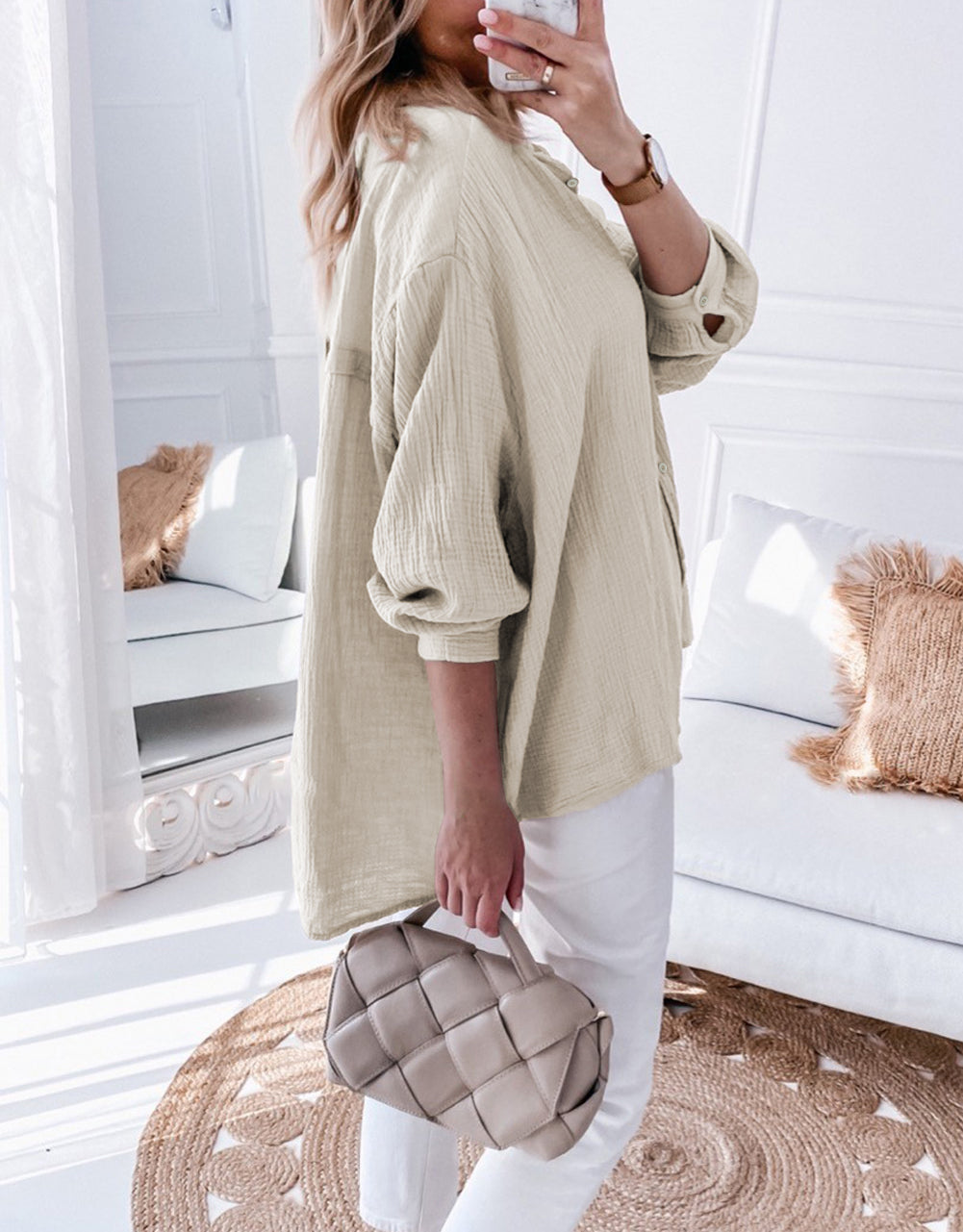 Crinkle 3/4 Sleeve Oversized Shirt