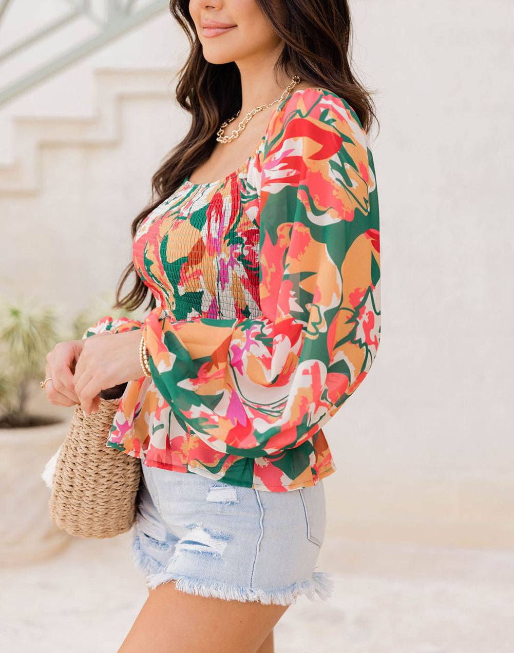 Abstract Floral Print Long Sleeve Peplum Blouse