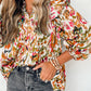 Abstract Print 3/4 Puff Sleeve Ruffle Blouse