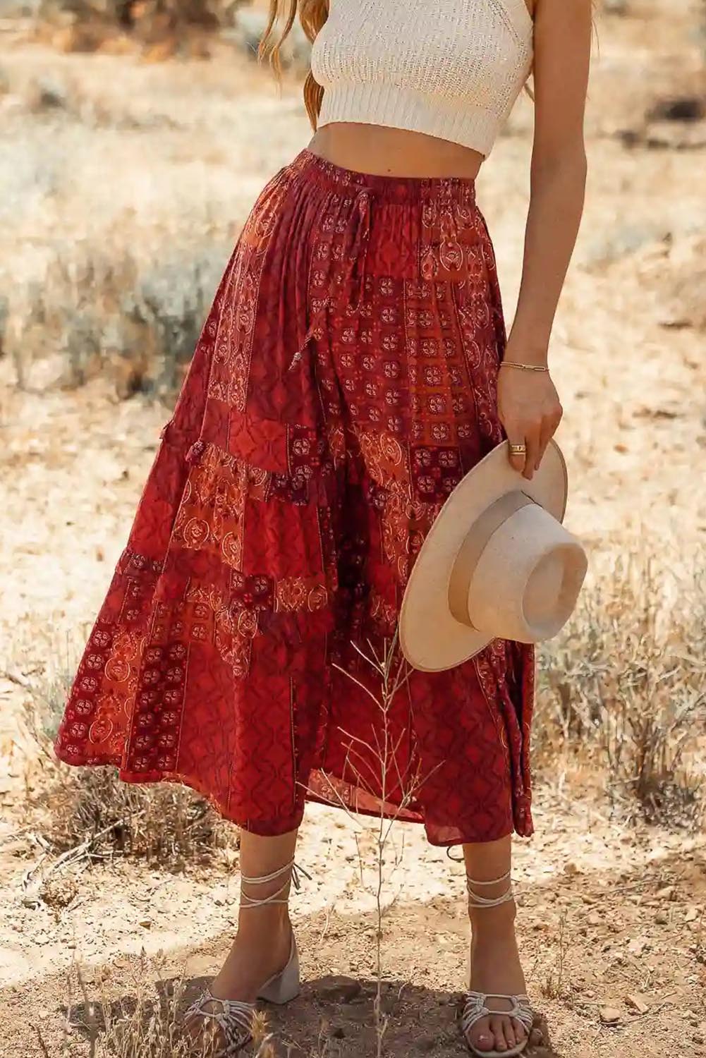 Bohemian Mix Print Long Flared Skirt