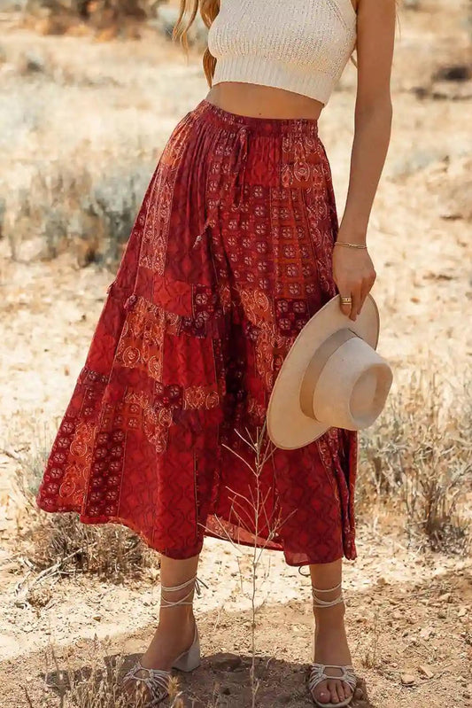 Bohemian Mix Print Long Flared Skirt