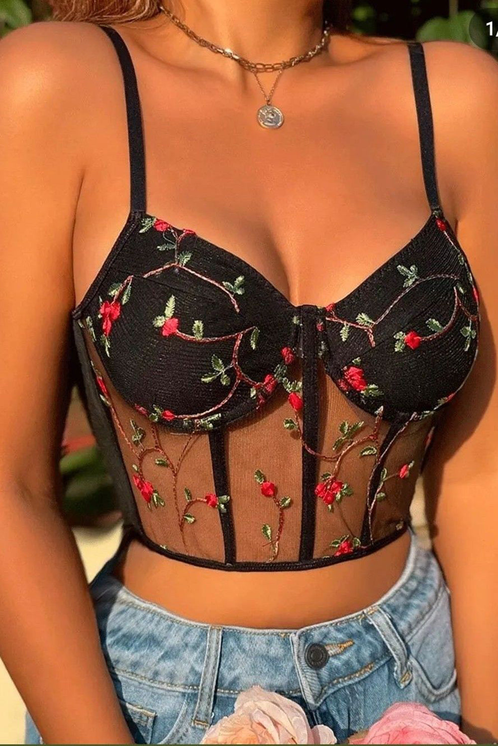 Floral Embroidery Mesh Bustier Bralette