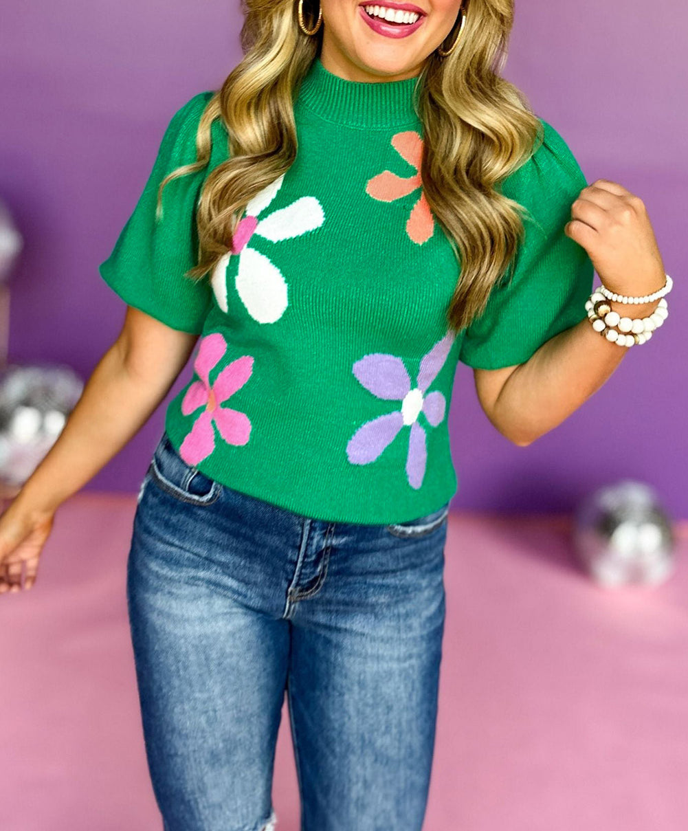 Floral Bubble Short Sleeve Sweater