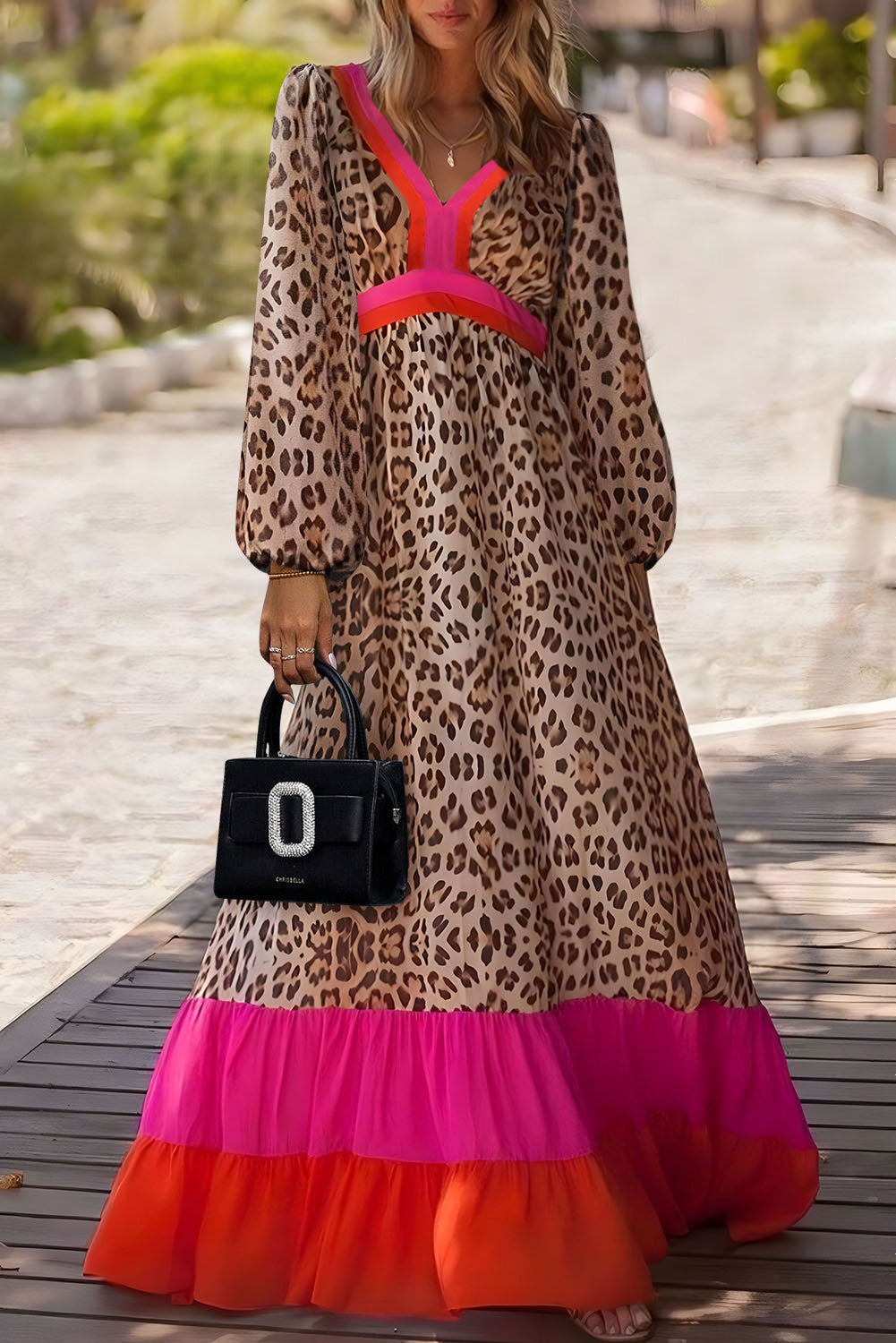 Leopard Color Block V Neck Loose Fit Maxi Dress