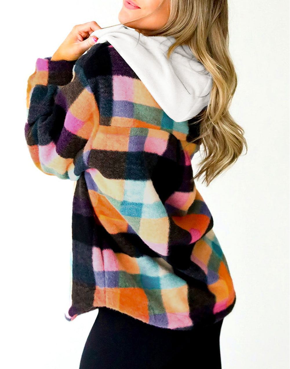 Plaid Color Block Flap Pocket Buttoned Hoodie