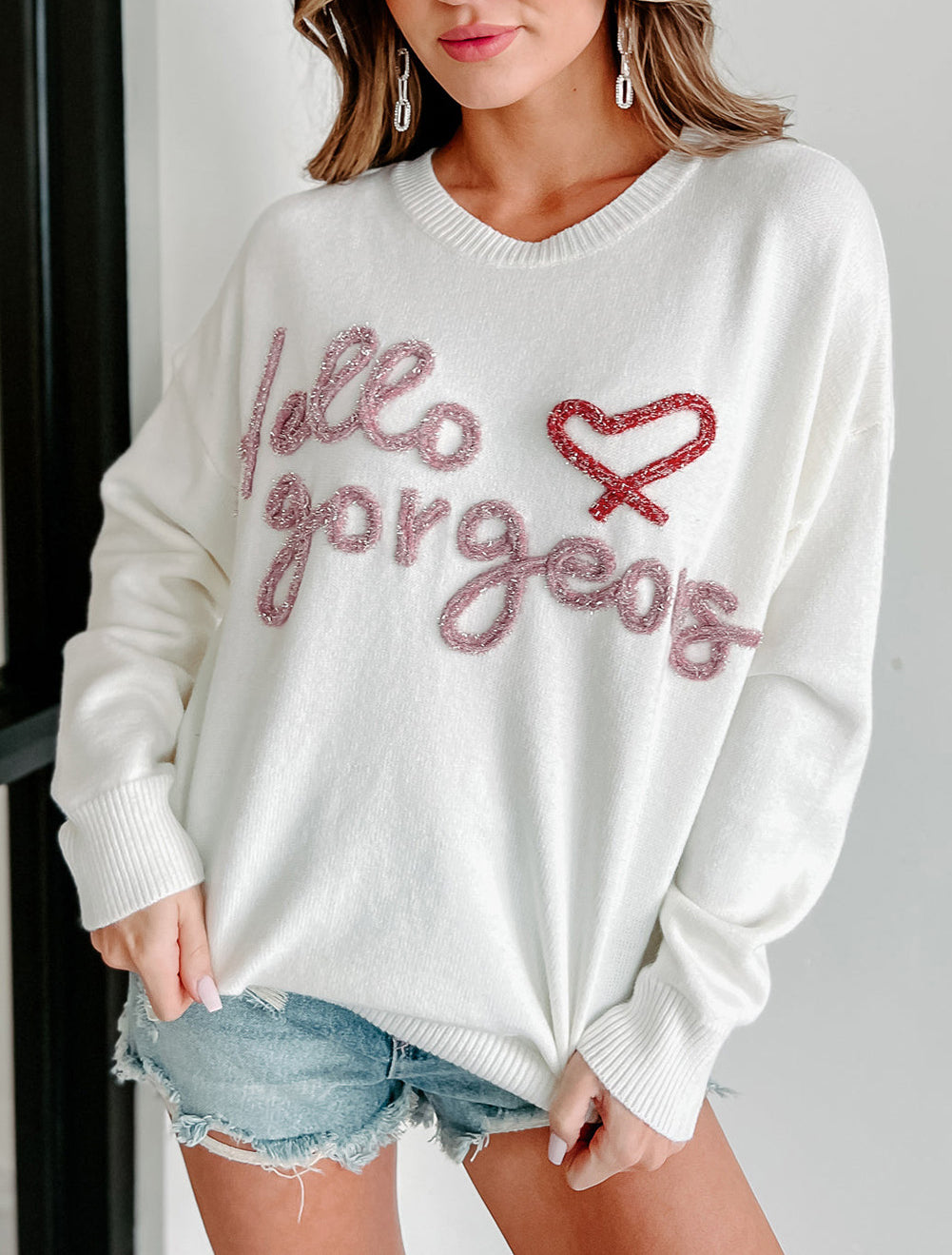 Hello gorgeous Graphic Ribbed Trim Sweater