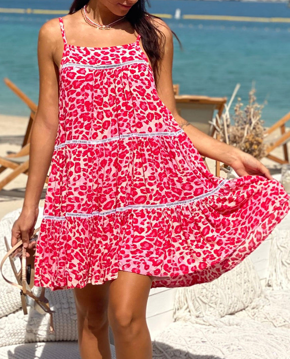 Leopard Print Lace Trim Flared Sundress