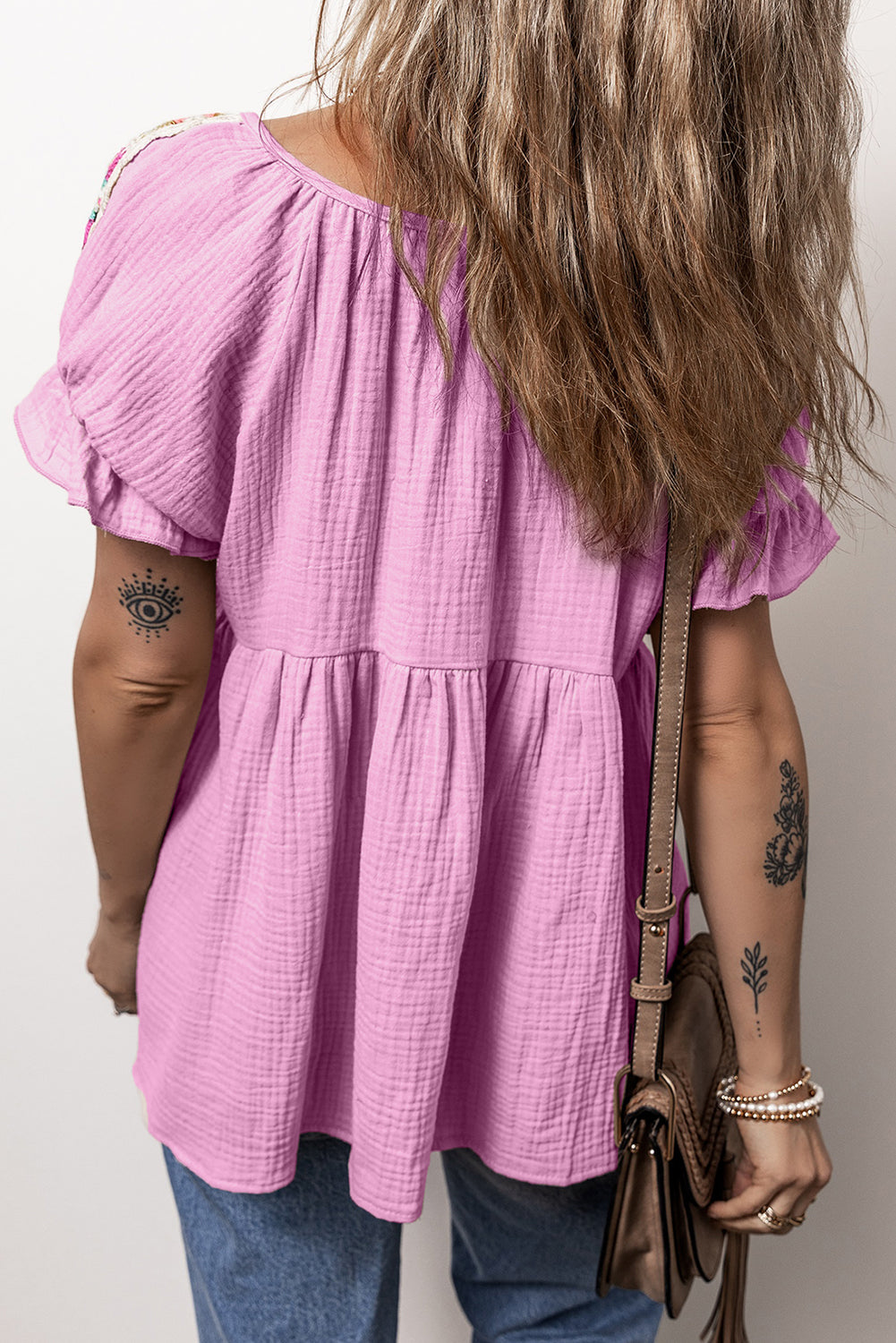 Crinkle Embroidered Patched Bubble Sleeve Tied Neck Blouse