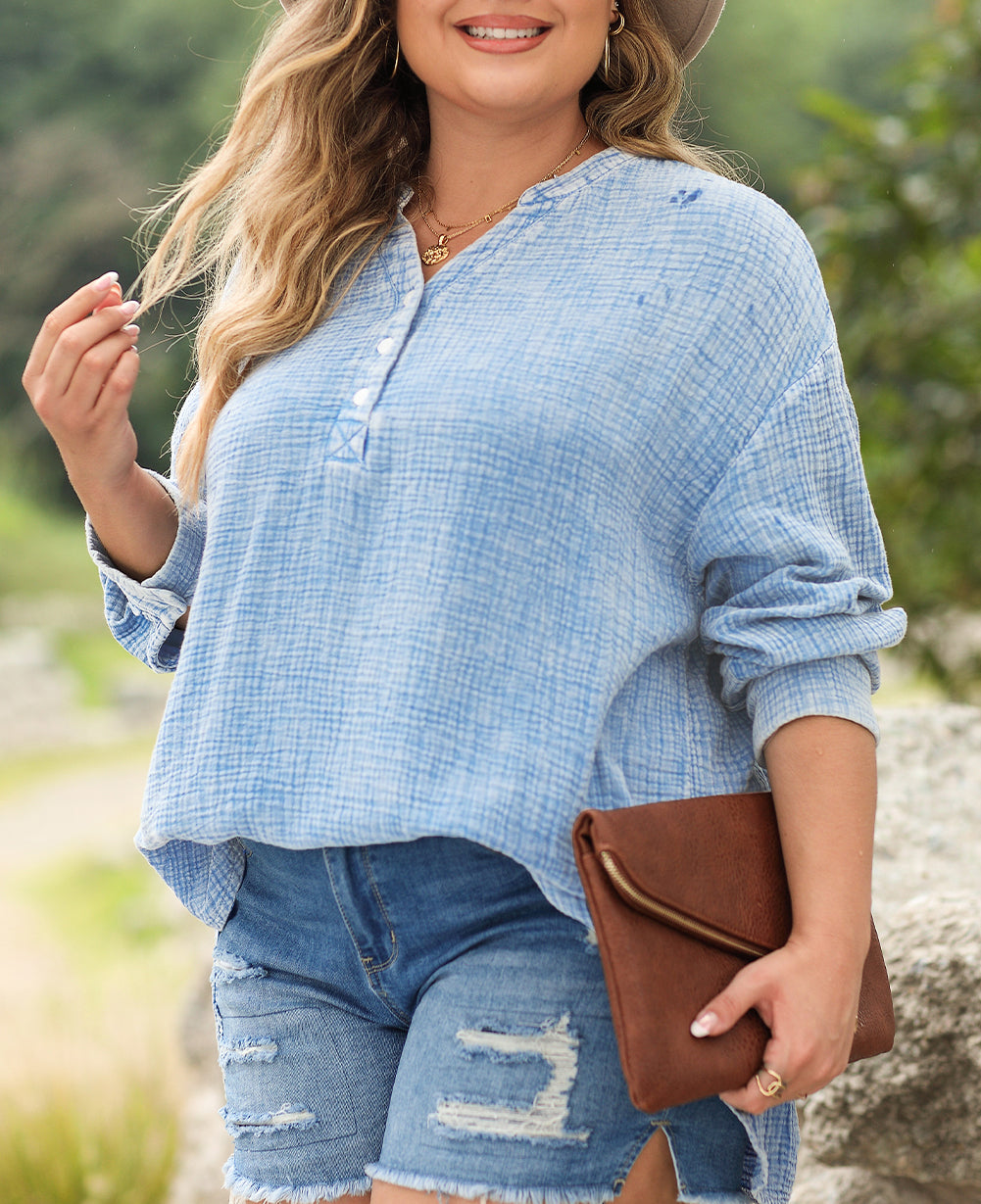 Plus Size Split Neck Buttons Crinkled Blouse