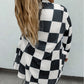 Checkered Waffle Knit Thumbhole Open Front Cardigan