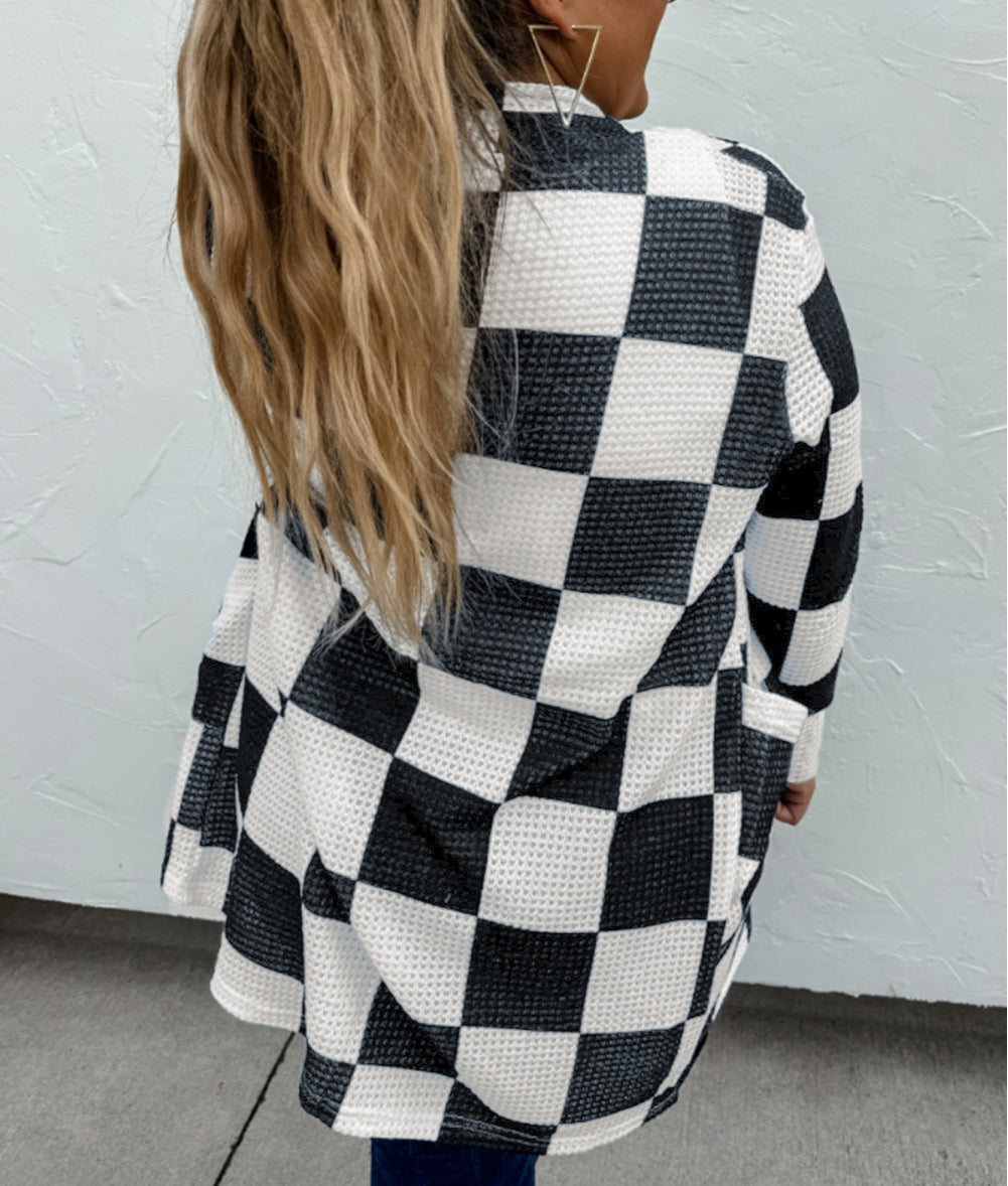 Checkered Waffle Knit Thumbhole Open Front Cardigan