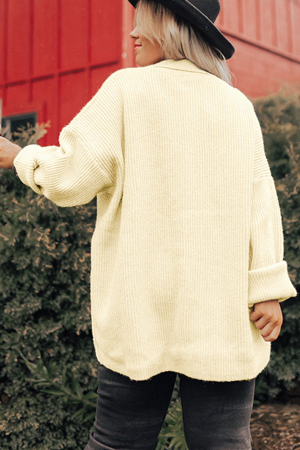 Plus Size Ribbed Flap Pocket Collared Knit Jacket