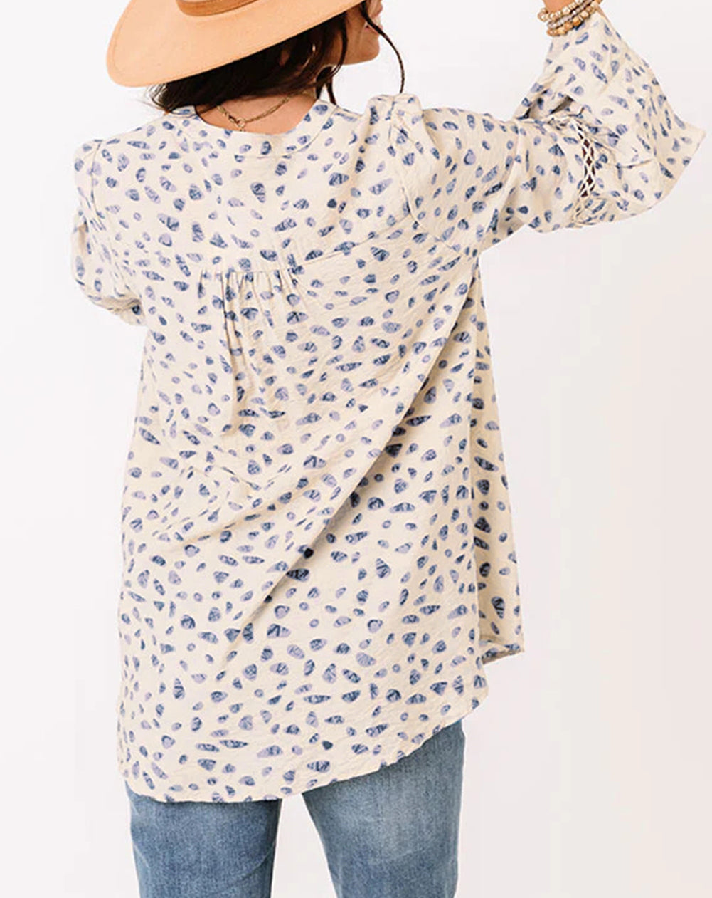 Split Neck Hollowed Lace Trim Babydoll Blouse