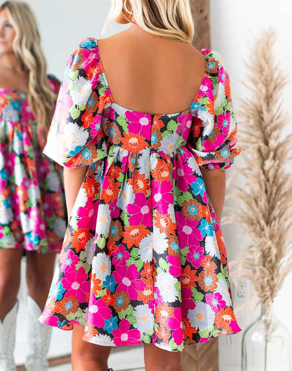 Floral Print Square Neck Short Puff Sleeve Dress