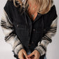 Plaid Sleeve Frayed Hem Hooded Denim Jacket