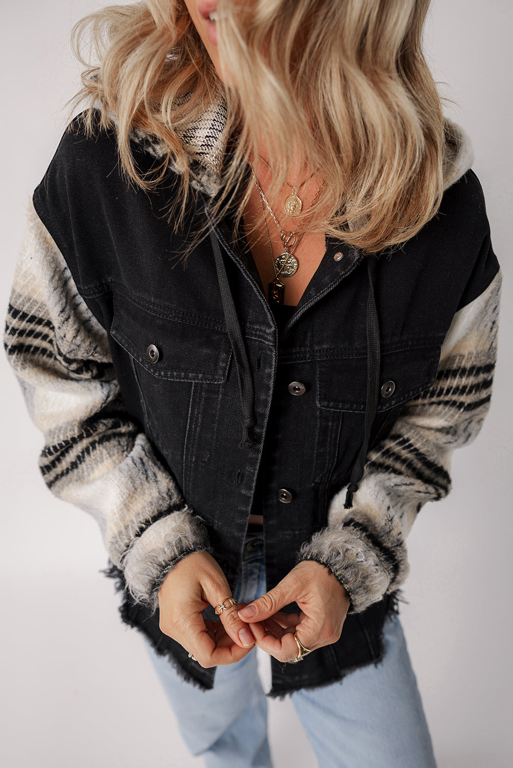 Plaid Sleeve Frayed Hem Hooded Denim Jacket