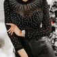 Rhinestone Sheer Mesh Long Sleeve Bodysuit