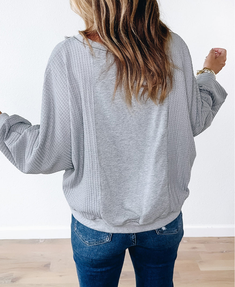 Waffle Patchwork Long Sleeve Raw Hem Pullover Top