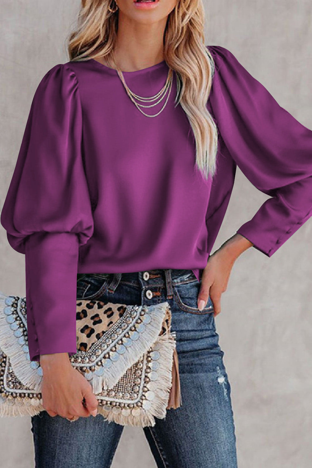 Satin Buttoned Cuffs Puff Sleeve Top