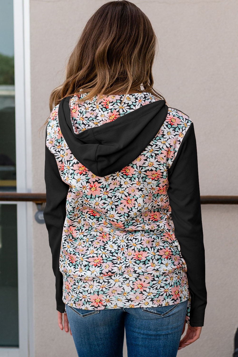 Floral Patch Half Zip Kangaroo Pocket Hoodie