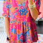 Abstract Print Smocked Puff Sleeve V Neck Blouse