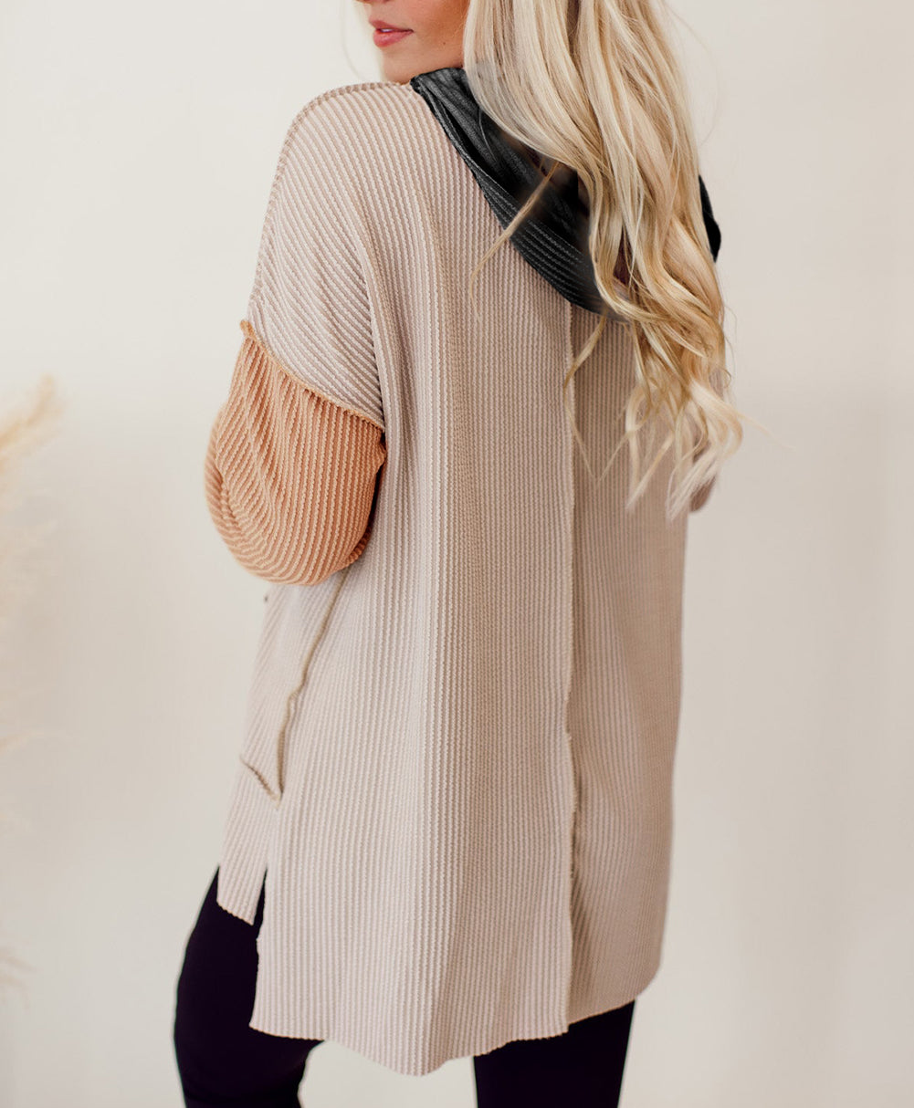 Color Block High Low Textured Hoodie