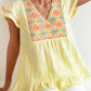Geometric Embroidery Textured Top with Ruffles