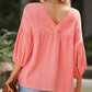 Textured V Neck Bracelet Sleeve Babydoll Blouse