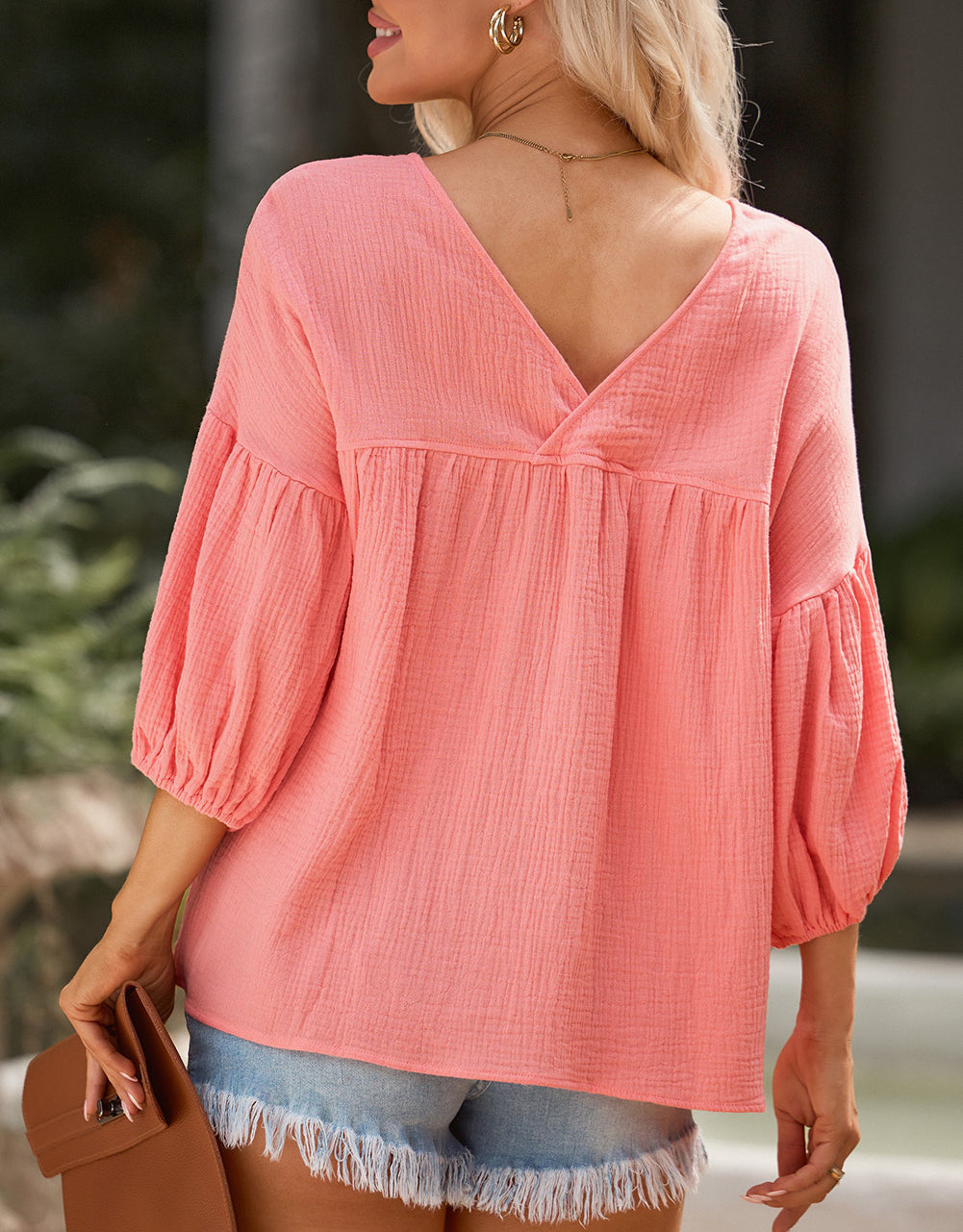 Textured V Neck Bracelet Sleeve Babydoll Blouse