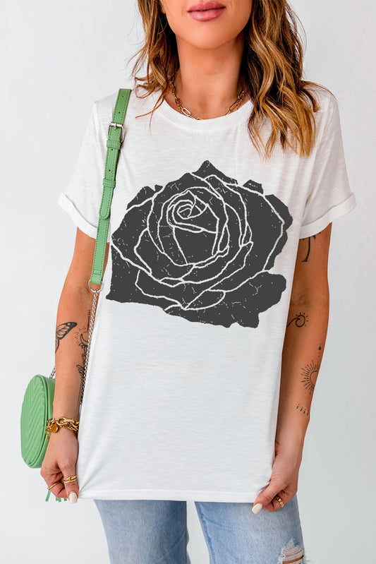Large Rose Print Round Neck T Shirt