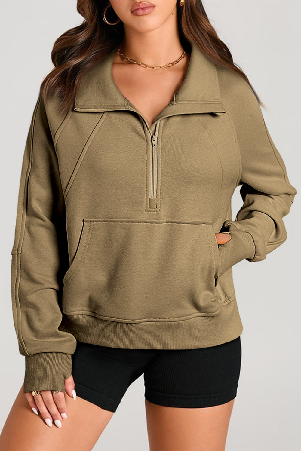 Zip Stand Neck Kangaroo Pocket Sweatshirt