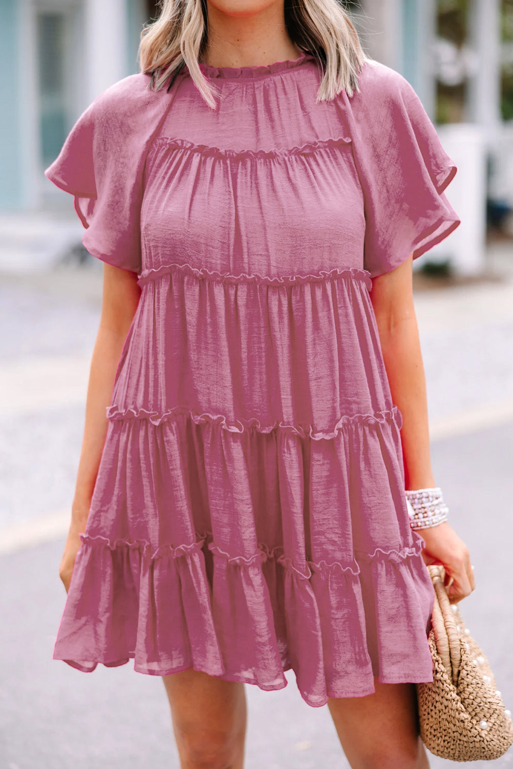 Short Sleeve Tiered Frilly Mini Dress