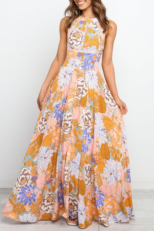 Floral Backless Lace up Sleeveless Maxi Dress