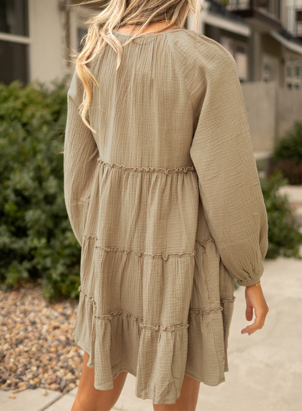 Cotton Crepe V Neck Frill Tiered Mini Dress