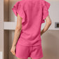 Textured Ruffled Sleeve Tee and Drawstring Shorts Set