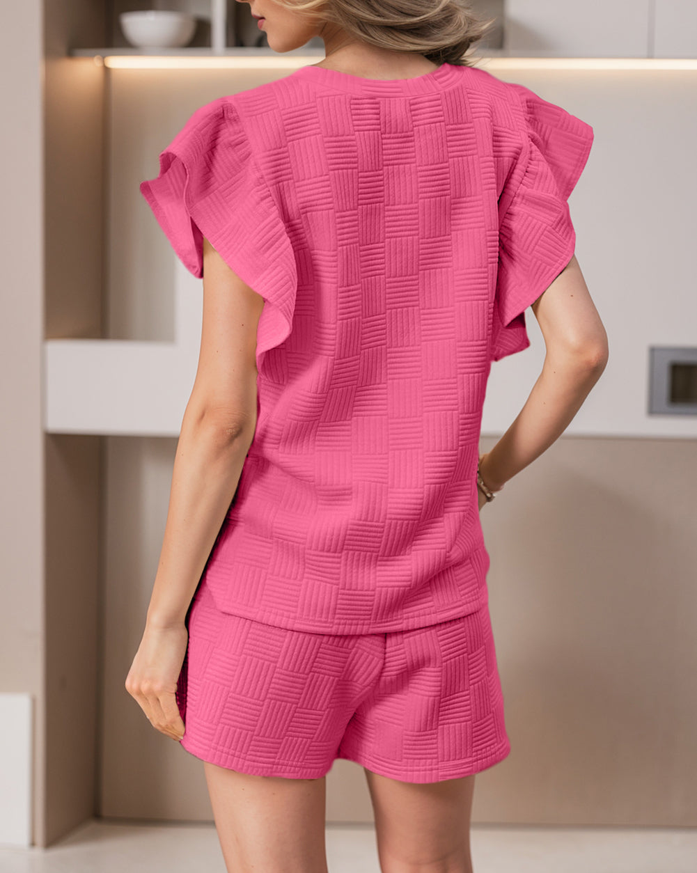 Textured Ruffled Sleeve Tee and Drawstring Shorts Set