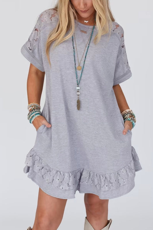 Lace Floral Patchwork Ruffled T-shirt Dress
